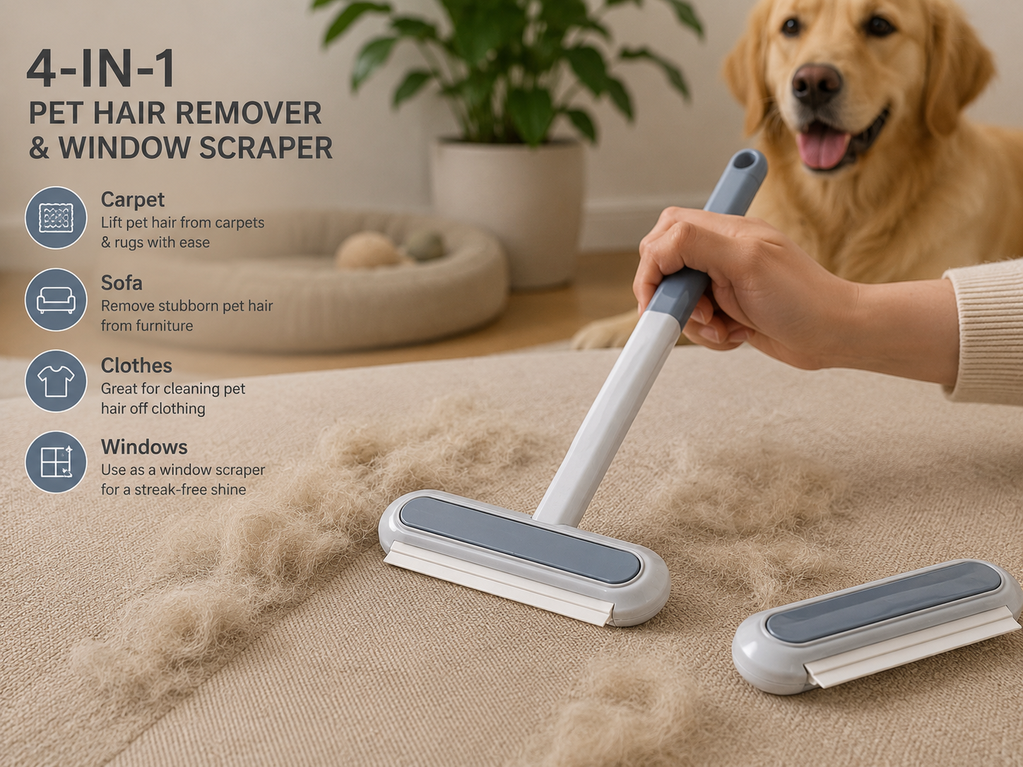 4-in-1 Telescopic Pet Hair Remover & Window Scraper