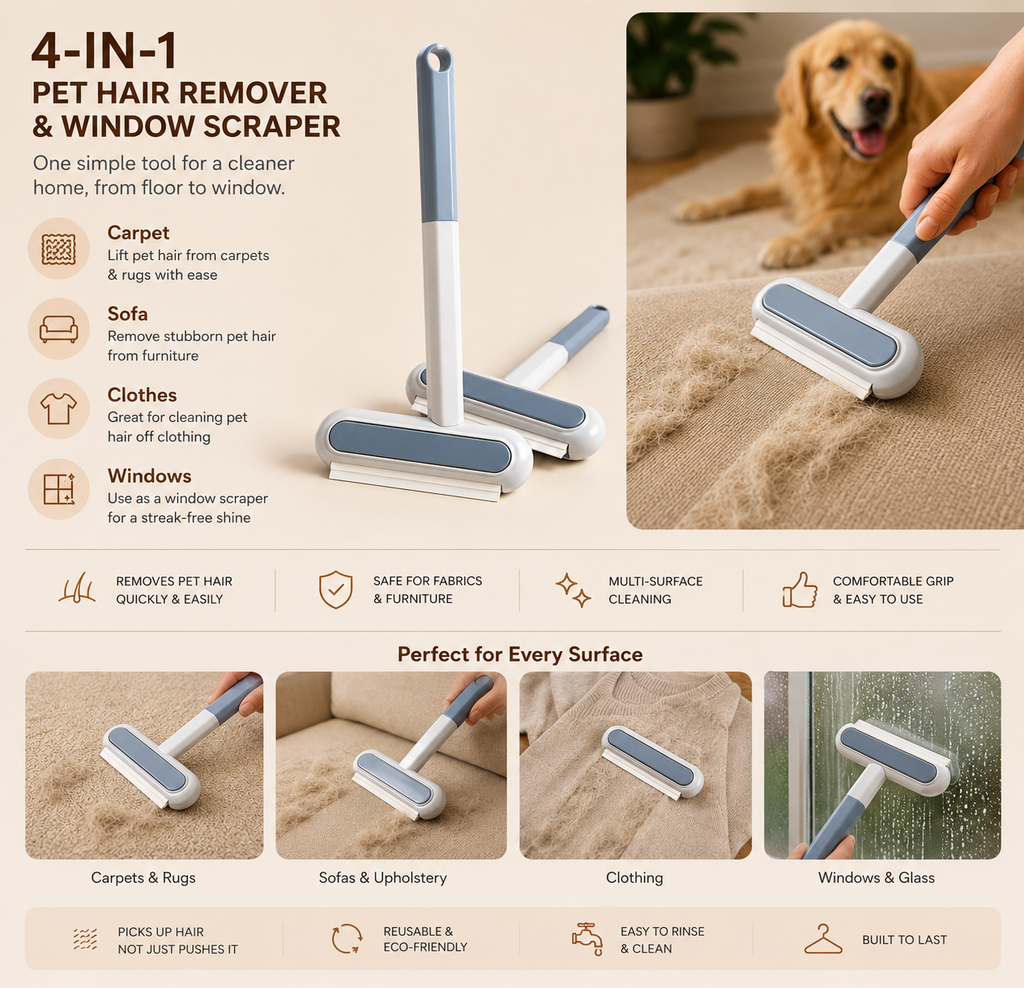 4-in-1 Telescopic Pet Hair Remover & Window Scraper