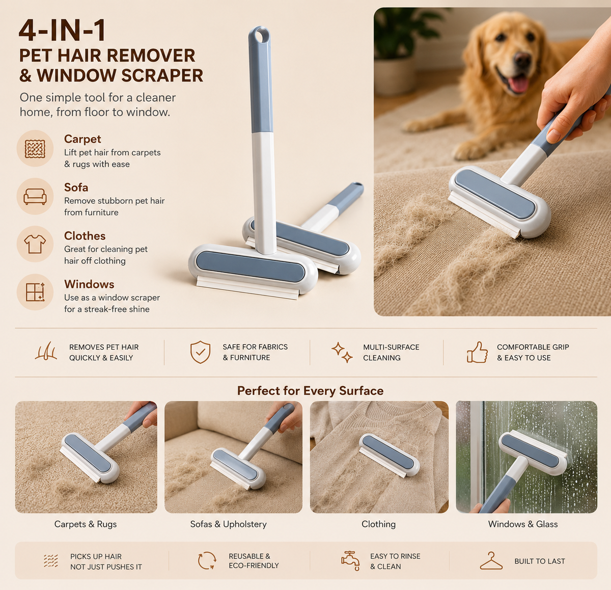 4-in-1 Telescopic Pet Hair Remover & Window Scraper